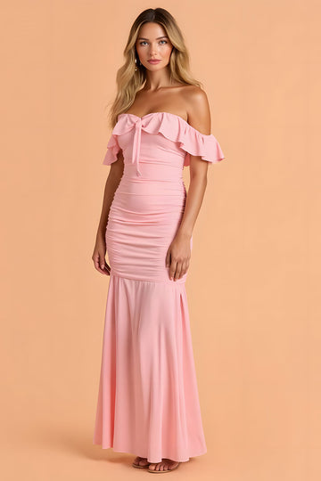 Blush Sirène froncée sur l’épaule Maxi robe de demoiselle d’honneur avec volants